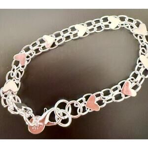 925 Sterling Silver Double Chain Heart Charm Women Bracelet